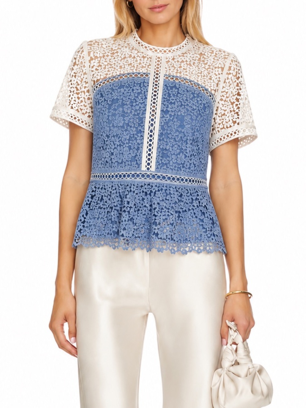 Ever New Blue and White Lace Peplum Blouse